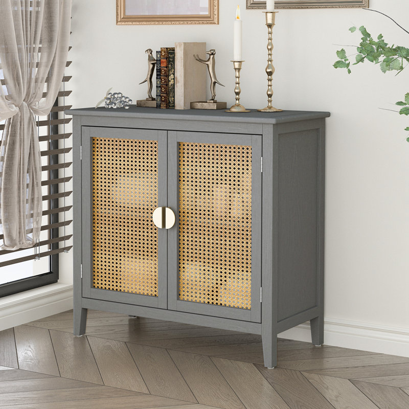 Buffet décoratif 2 portes Biehle, rotin naturel, gris