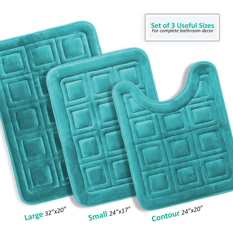 3 Piece Ultra Soft Absorbent Memory Foam Waffled Bath Rug Set, Teal