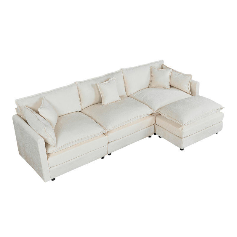 Modern Chenille Loveseat Sofa Couch With Ottoman, Beige Chenille, 33.85" H x 112.2" W x 35.82" D