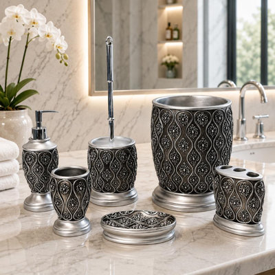 Ornate Bronze 6-Piece Bathroom Accessory Set with Soap Dispenser, Tumbler & Wastebasket