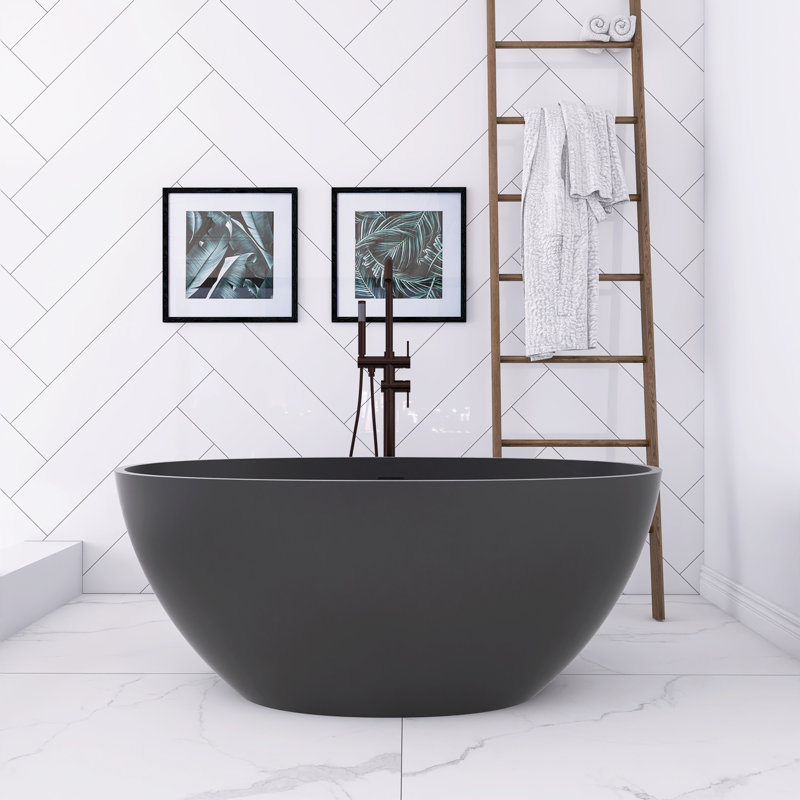 55 In. X 30.7 In. Solid Surface Slipper Freestanding Soaking Bathtub, Matte Black