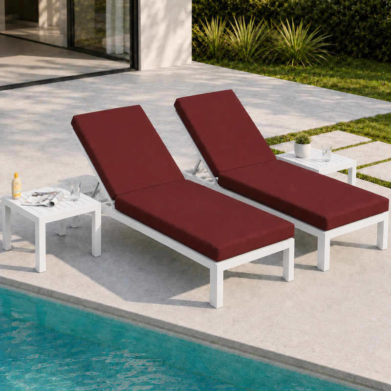 Ensemble de chaises longues d'extérieur en aluminium 4 pièces avec dossiers réglables, tables d'appoint et coussins, Red