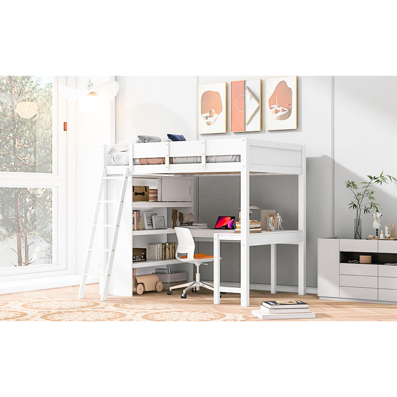 Lit mezzanine double blanc avec bureau et tablette. Structure en bois massif durable. Améliorez la gestion de l'espace dans la chambre à coucher. Pour plus de 6 ans. 78 po x 57,6 po, 70,9 po. Capacité de 400 lb, tablette blanche.