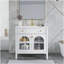 Lavabo de salle de bain de style Mid-Century avec verre à motif, lumière à capteur de mouvement et grand espace de rangement, armoire autoportante haut de gamme, blanc