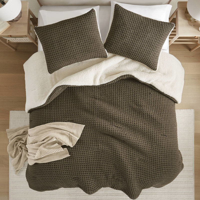 Ensemble de literie en chenille tricotée gaufrée, 100%, 2 taies décoratives, réversible, lavable à la machine, édredon brun, rembourrage et envers, lavage, mélange de gris
