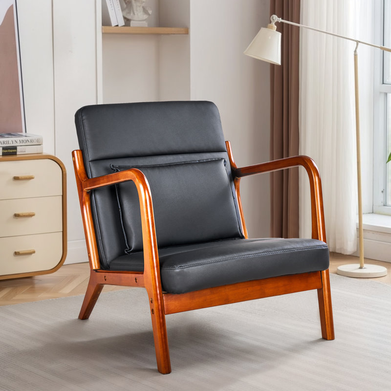 Accent Chair Upholstered Mid Century Modern Armchair, Faux Leather Lounge Side Chair With Wood Frame, Farmhouse Reading Chair For Living Room Bedroom