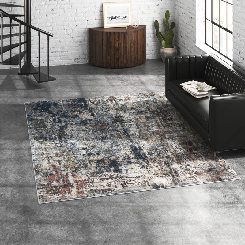 Tapis bleu marine / beige / gris à motif abstrait Sascha, Rectangle 7 pi 10 po x 10 pi 2 po
