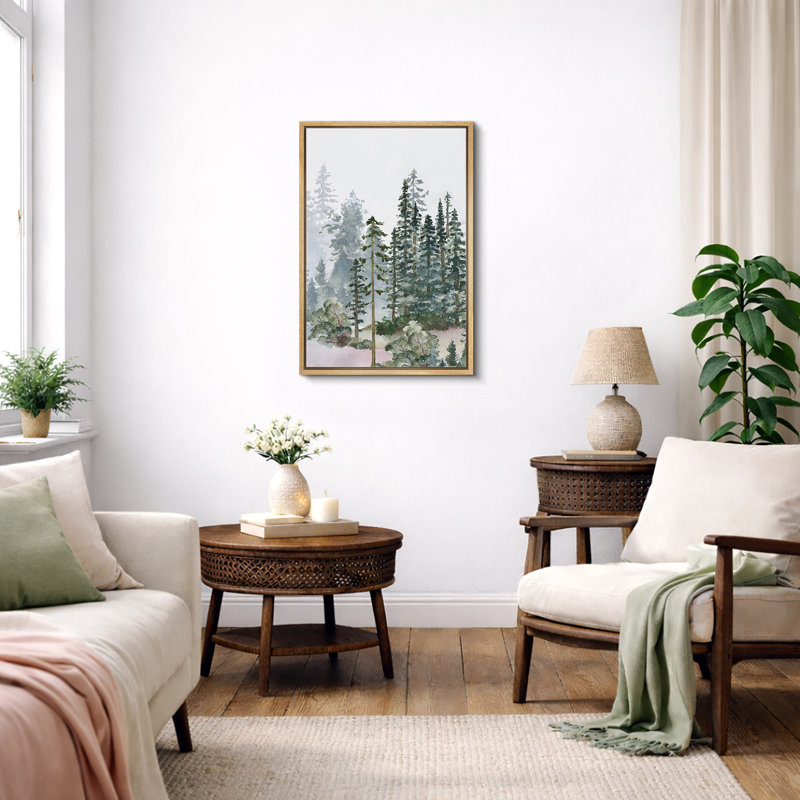 Woodland Forest Landscape "Watercolor Green Pine Tree Artwork, Modern Rustic Nature Scenery Wall Pictures, Large Framed Canvas Giclee Print Wall Art"
