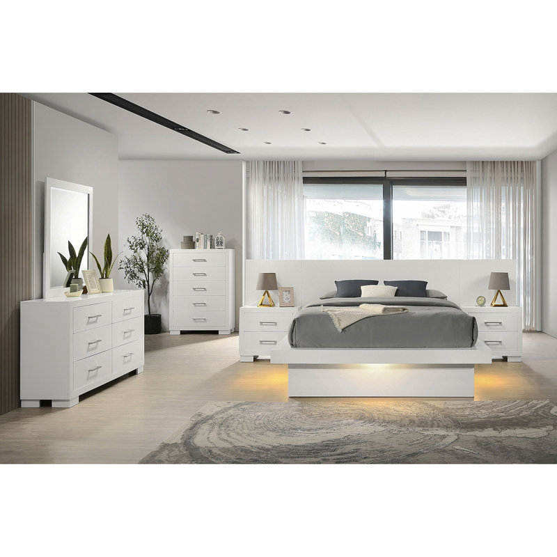Ensemble de chambre avec lit plateforme 6 pièces et 2 tables de chevet Tokyo, Blanc, Grand