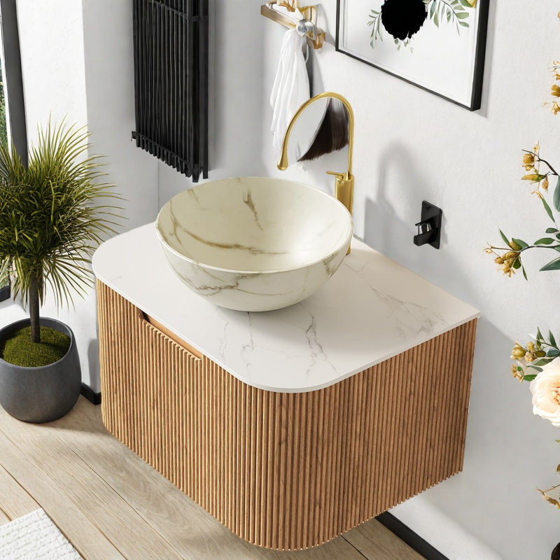 Meuble-lavabo flottant moderne avec lavabo, finition bois, petits espaces
