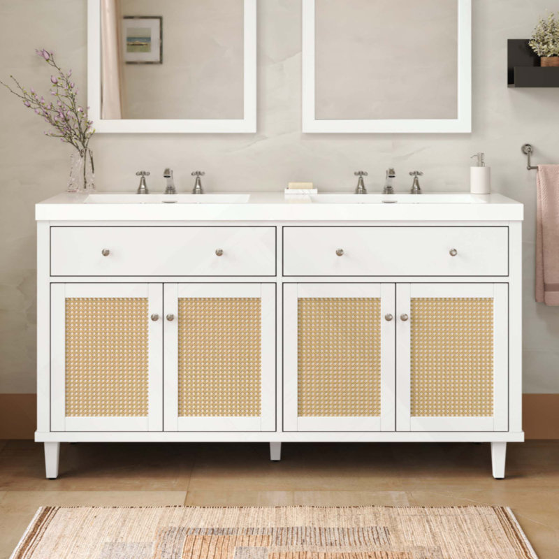 Meuble-lavabo de salle de bain avec lavabo double (lavabo SMC), grand espace de rangement avec 2 plateaux rabattables / tiroirs rabattables et 4 portes à fermeture douce, pieds en bois massif et boutons en métal argenté