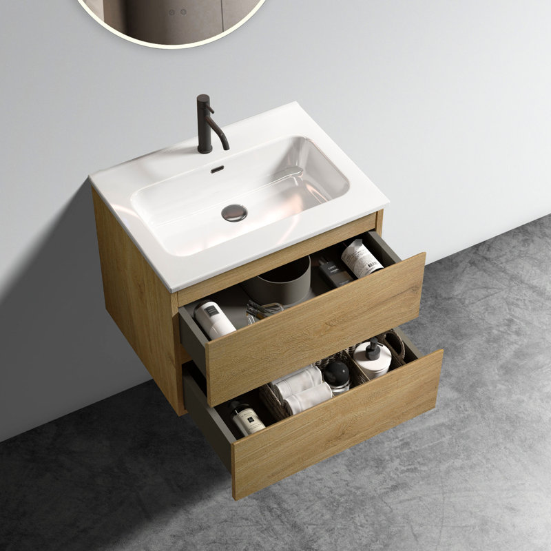 Unité de rangement de salle de bain en chêne naturel 24 po - Lavabo en céramique, spacieux, armoire de rangement murale à tiroir silencieux, rangement spacieux, fonctionnalité