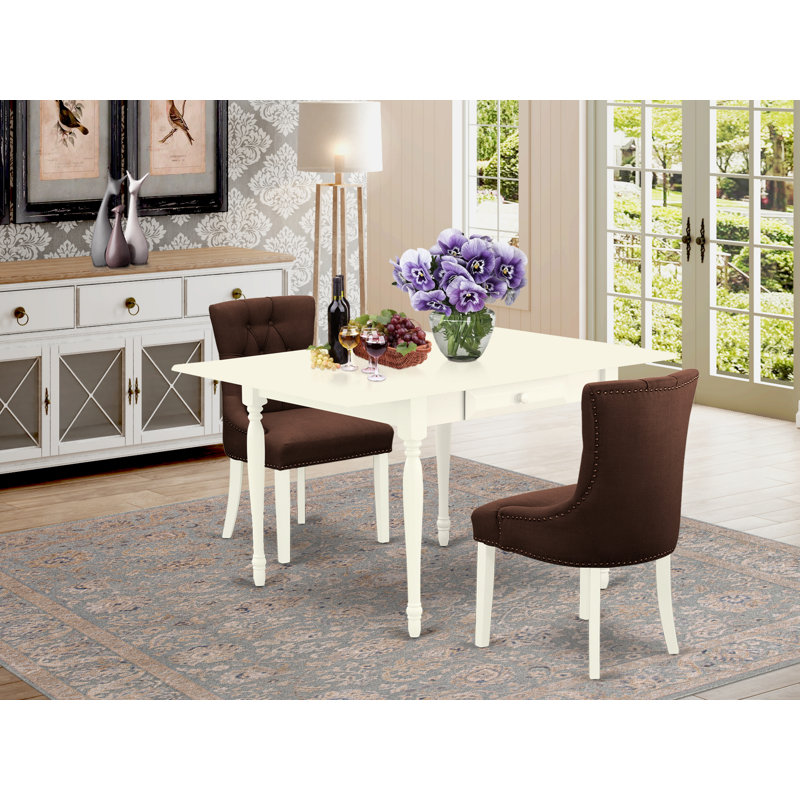 Solid Wood Top with Dropleaf Dining Table Set, Dark Brown, Linen White, 3 Pieces: 1 Table, 2 Chairs