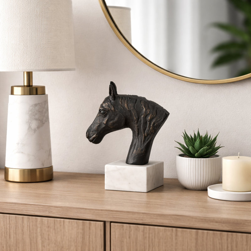 Sculpture décorative de tête de cheval en métal pour décoration intérieure - figurine d'animal classique pour décoration de statue de chambre Livin - 9 po, noir et blanc