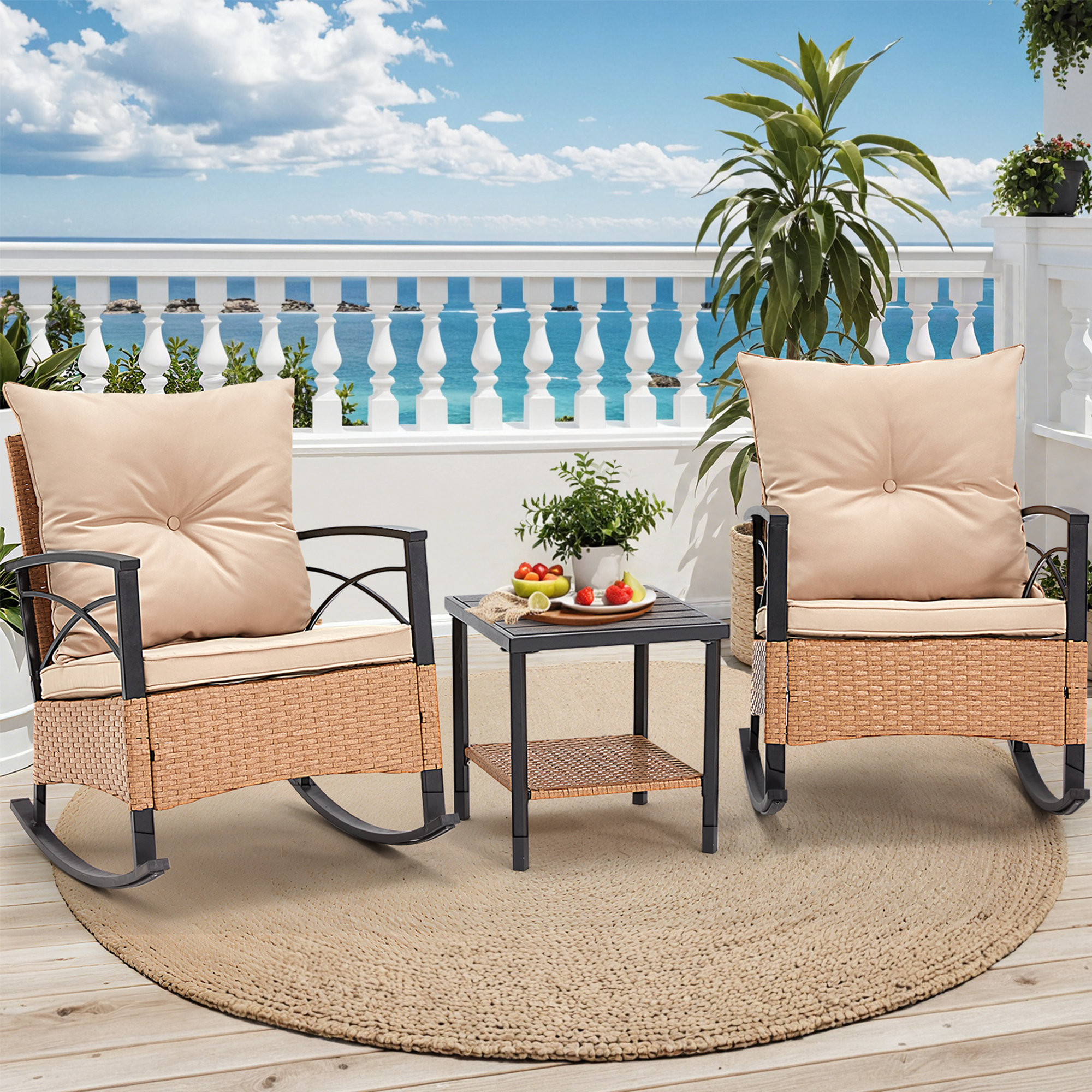 EROMMY 3-piece Bistro Set: Outdoor Pe Rattan Rocking Chairs With ...