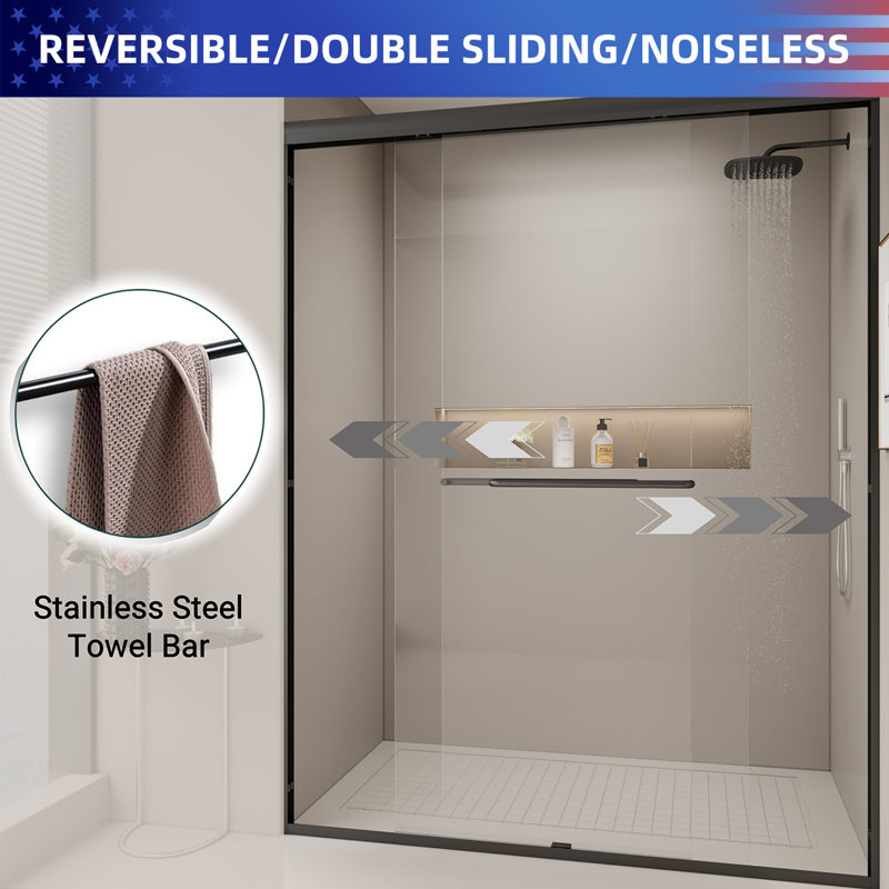56-60 in. W x 72 in. H Double Sliding Shower Door, Semi-frameless Bypass Bathroom Sliding Door with 1/4" (6mm) Tempered Glass for Walk-in Shower, Matte Black