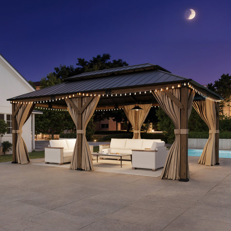 Pavillon de jardin classique en bois massif de 12 pi x 20 pi avec double toit en fer, filet et rideaux, 12 pi x 20 pi
