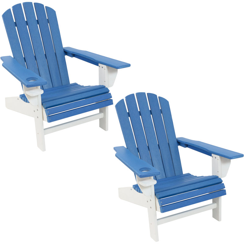 All-Weather HDPE Adirondack Chair with Drink Holder Set of 2 - Blue/White, Blue/White