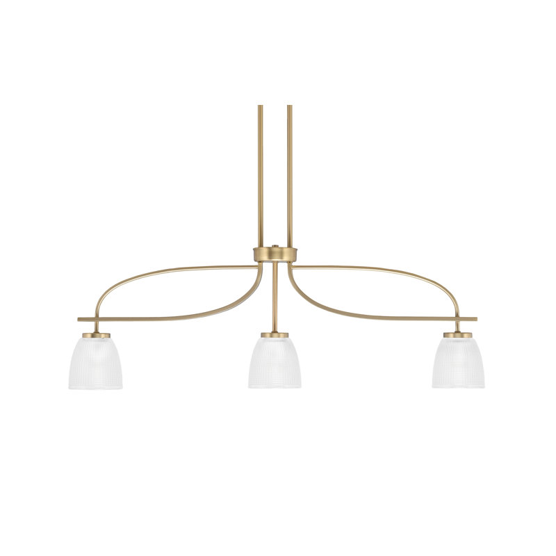 Cavella 3 Light Island Light Shown With 5" Clear Ribbed Glass, New Age Brass
