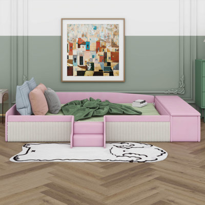 Lit de jour rembourré en velours avec escalier et repose-pieds avec rangement à vérin à gaz, lit de jour de couleur contrastante avec garde-corps rembourrés