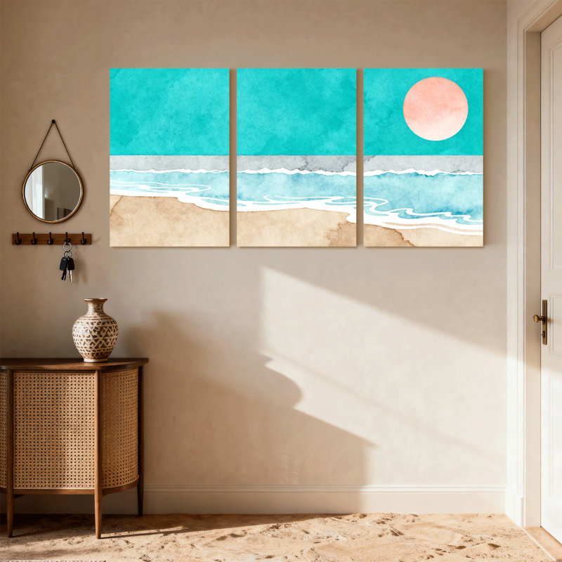 Nautique et plage, océan, ciel, plage, coucher de soleil, aquarelle, ensemble de 3 impressions sur toile, H 18 po x l 36 po