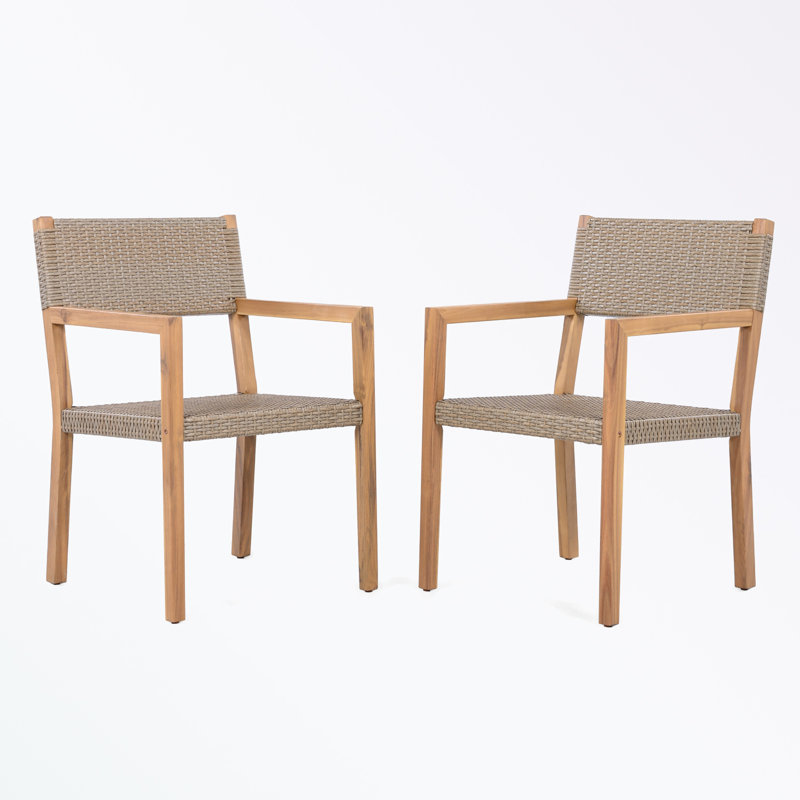 Ensemble de 2 chaises de patio à structure en bois avec dossier et siège en osier PE