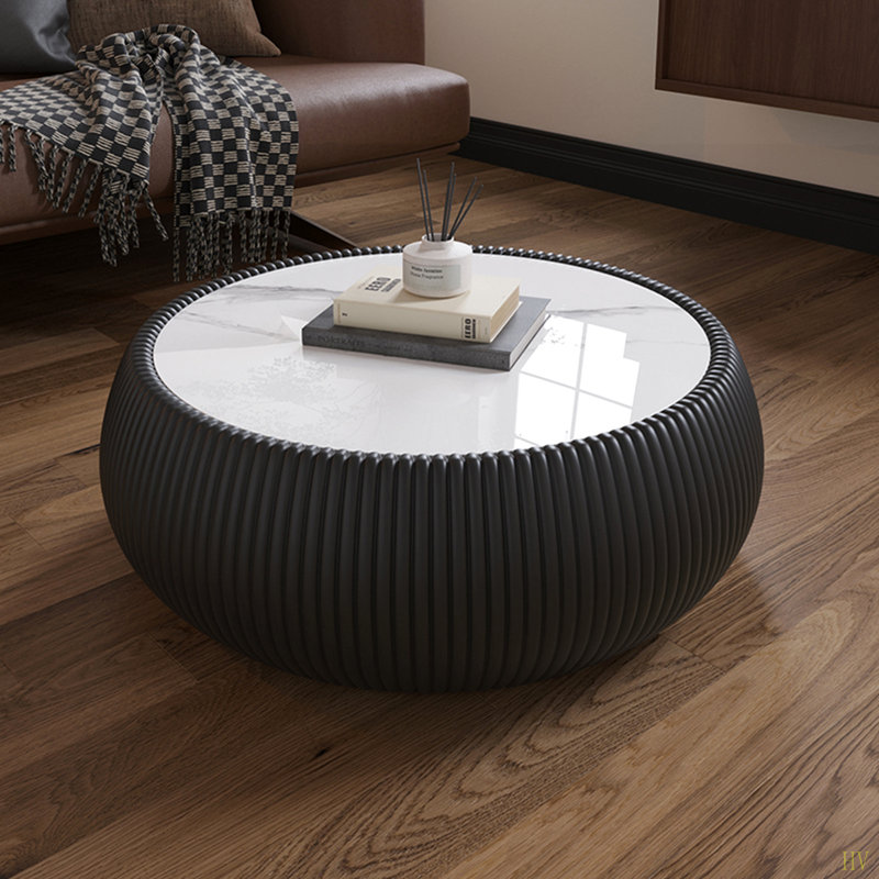 Table basse moderne en marbre avec dessus tambour en cuir pour meubles de salon, Noir