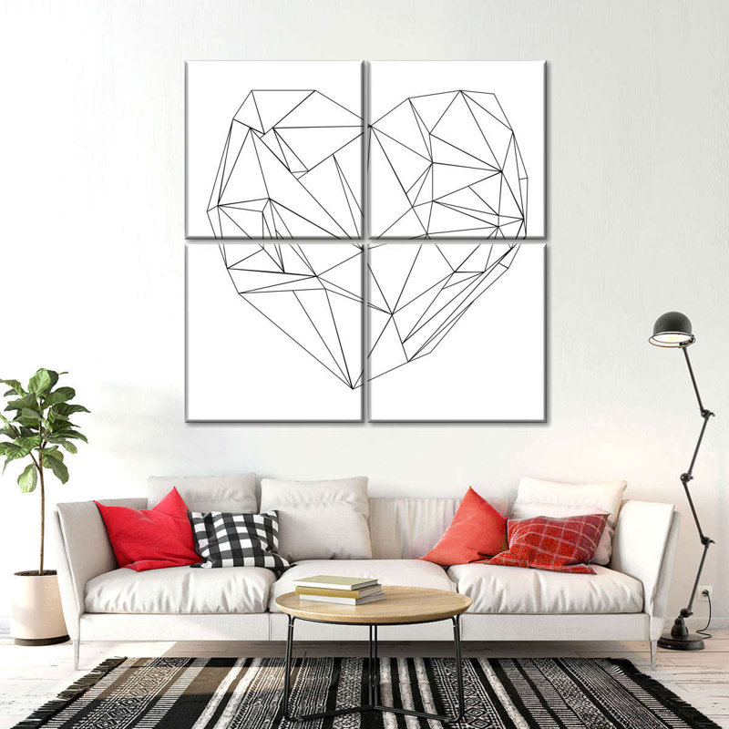 Cœur géométrique sur 4 pièces, H 18 po x l 18 po x P 1,25 po