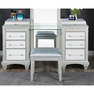 Coiffeuse glamour grise avec tabouret, bois de peuplier, tiroirs doublés de feutre, poignées en acrylique, miroir à DEL, glissières à billes, tabouret de prise de courant dans la chambre à coucher, station de maquillage en bois, strass en cristal