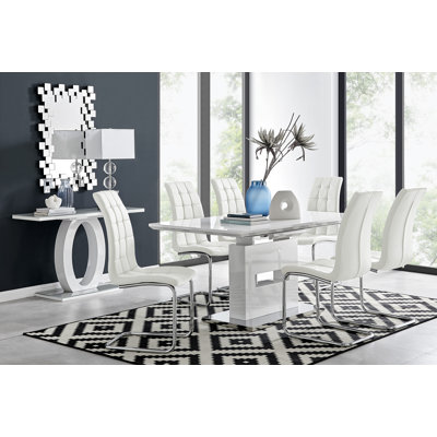 Alezzo Modern High Gloss Extendable Dining Table Set with 6 Modern FauxLeather Dining Chairs