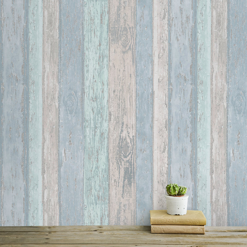 Alula Distressed Wood 10m x 52cm Wallpaper Roll, Blue/Grey