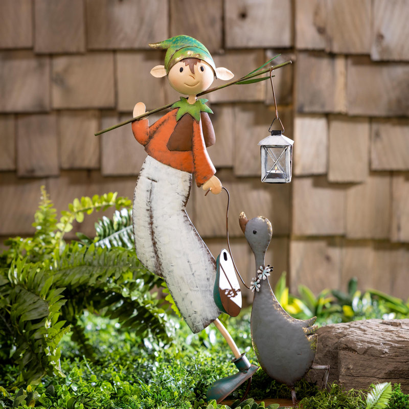 Statue de voyage en métal pour enfant avec un ami canard, H 25 po