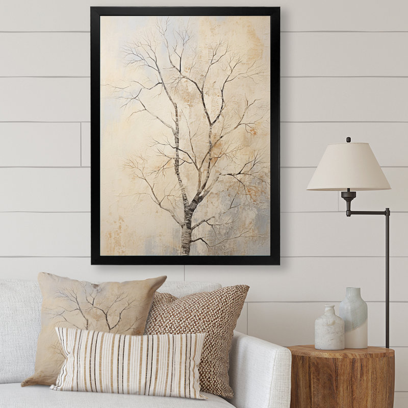 " Beige Trees Oak Solitude V ", Black Picture Frame, 32" H x 24" W x 1" D