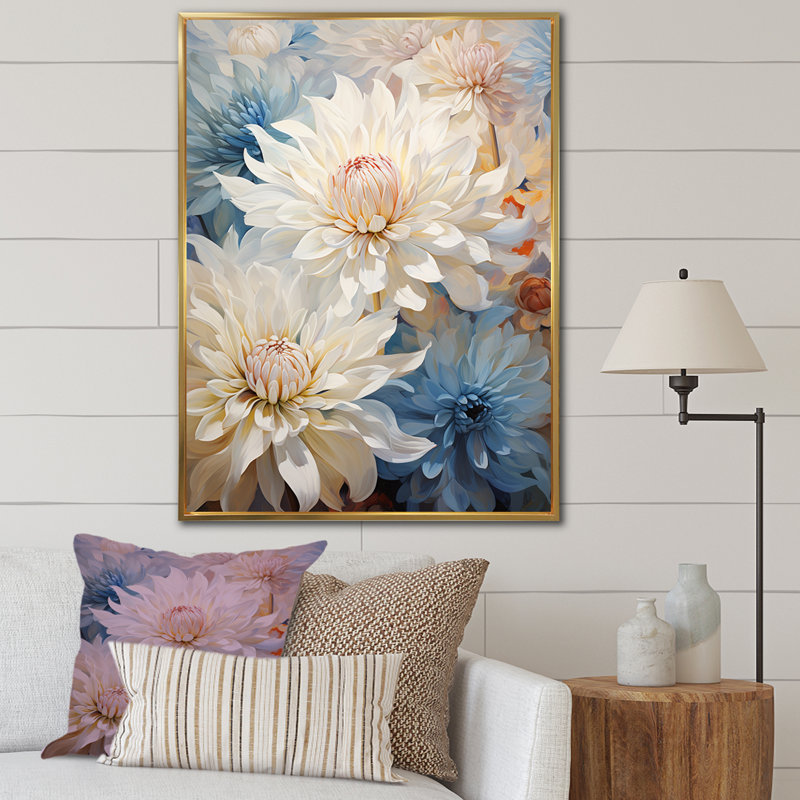 «Blooming Mums» en beige et bleu sur toile, H 20 po x l 12 po x P 1 po, Cadre flottant doré
