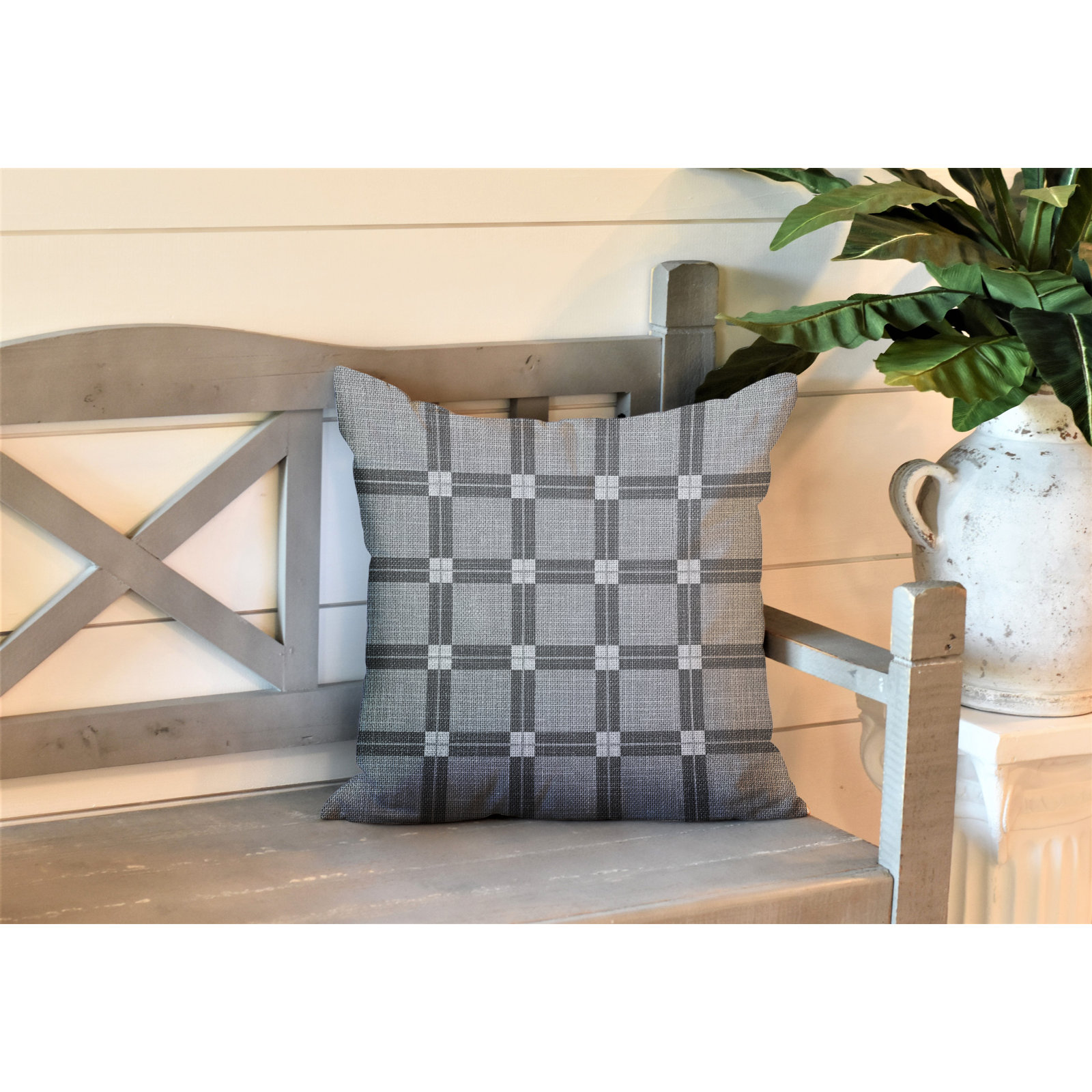 Plaid Indoor/Outdoor Throw Pillow, 17" W x 17" H, Gray