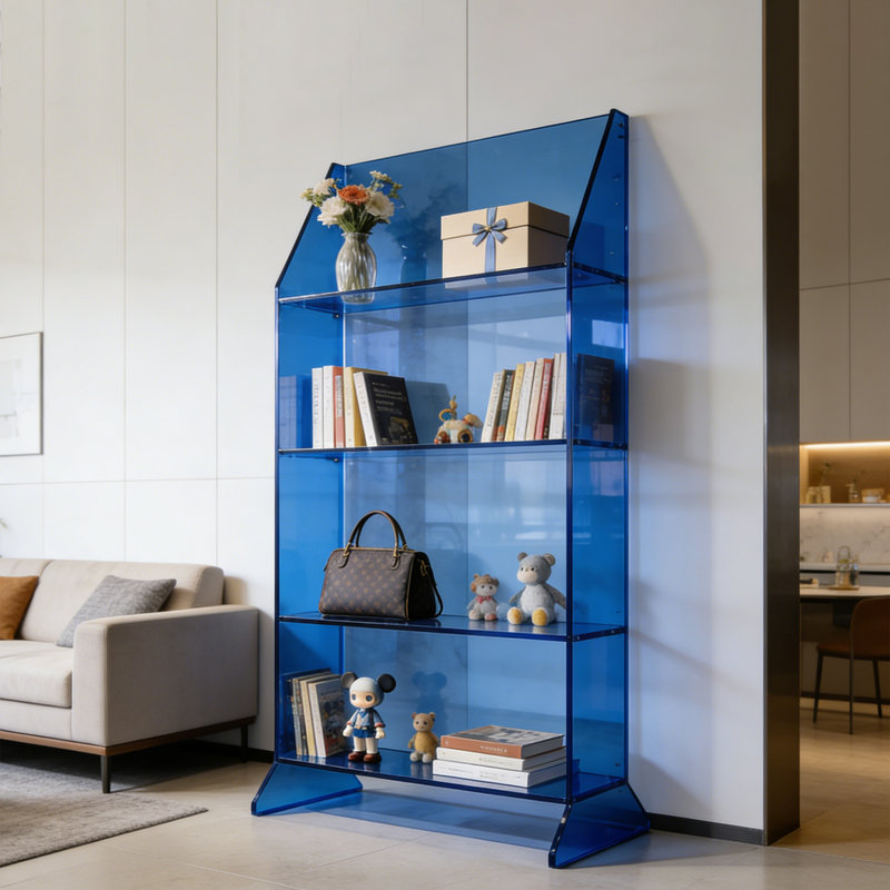 Bibliothèque moderne en acrylique bleu, H 55,12 po x l 31,5 po x P 13,78 po