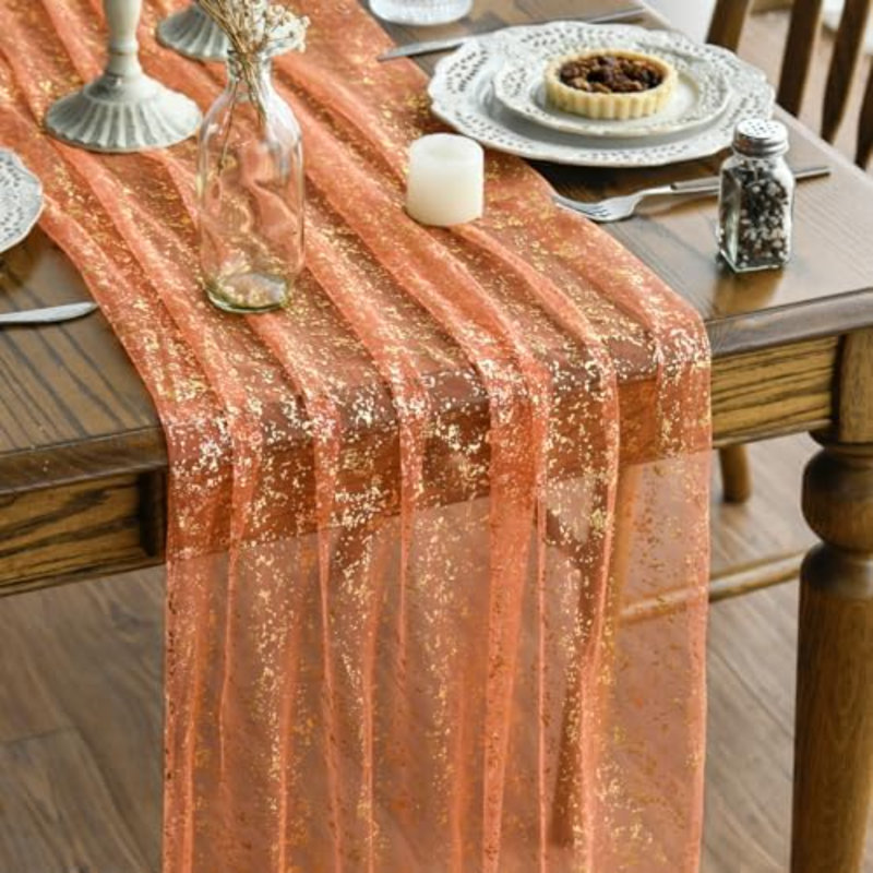 3PCS Orange Gold Gauze Table Runner 120 Inch 10FT, Glitter Metallic Foil Sheer Dining Wedding Anniversary Holiday Table Decor for Home Party