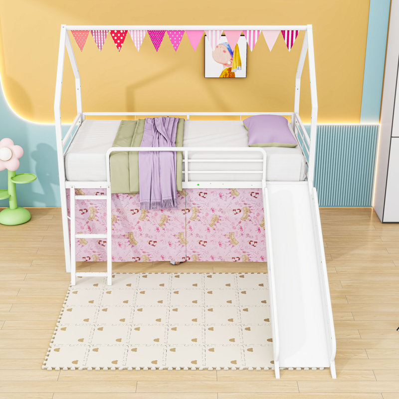 Lit mezzanine simple avec glissade et accessoires ludiques, Rose blanc