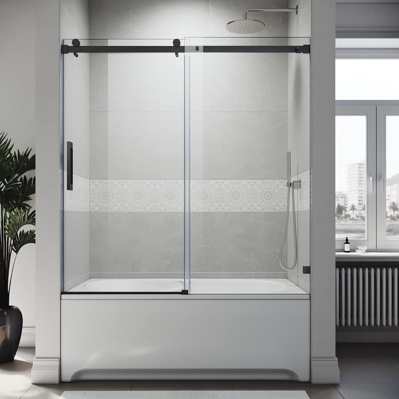 58"- 60" W x 62" H Frameless Single Sliding Tub Door, Black