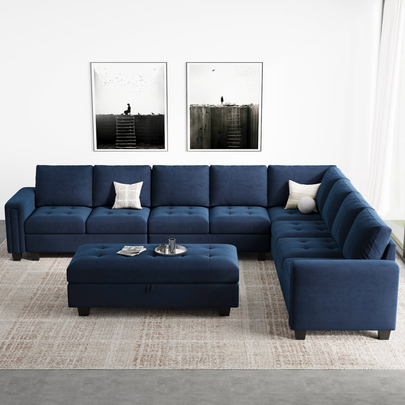 Canapé modulaire rembourré en velours de 7 pièces Shavera, Velours bleu