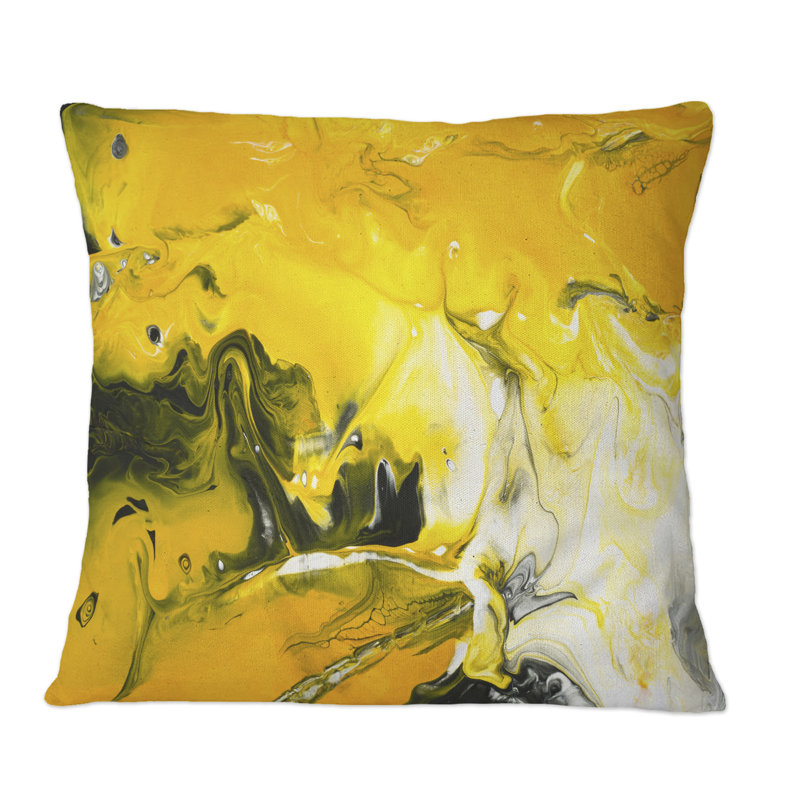 Jaune, jaune, noir, blanc, liquide, art V - coussin décoratif moderne, 16 po x 16 po