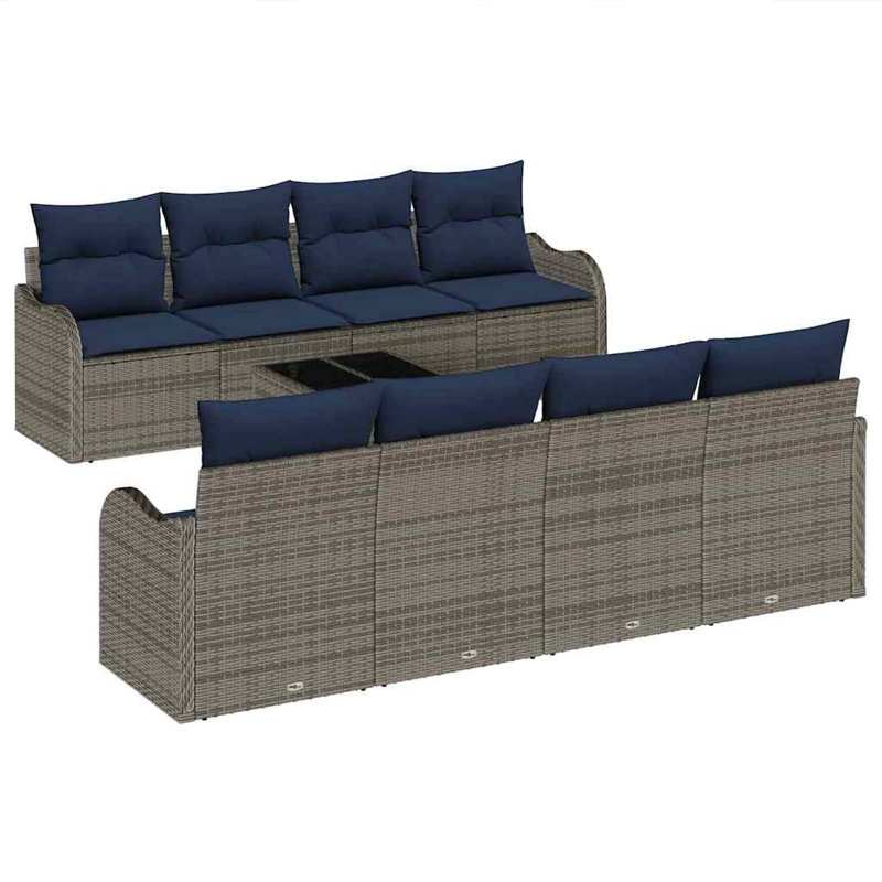 Ensemble de canapé de jardin Vidaxl 9 pièces 55 x 55 x 37 cm en rotin gris, Coussin bleu marine / structure grise