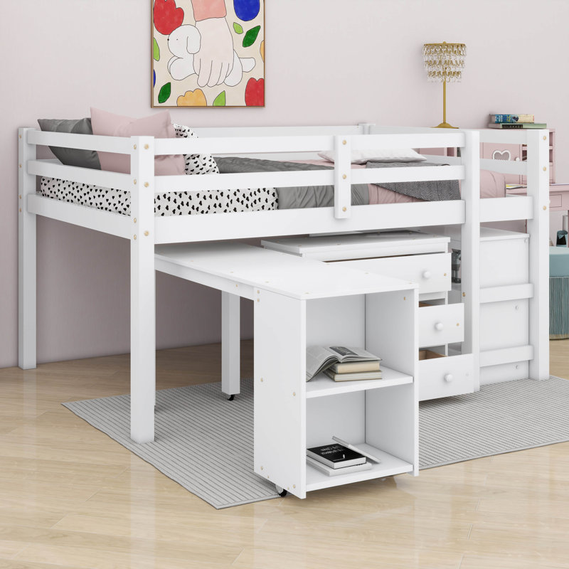 Lit mezzanine double bas avec cabinet, Blanc