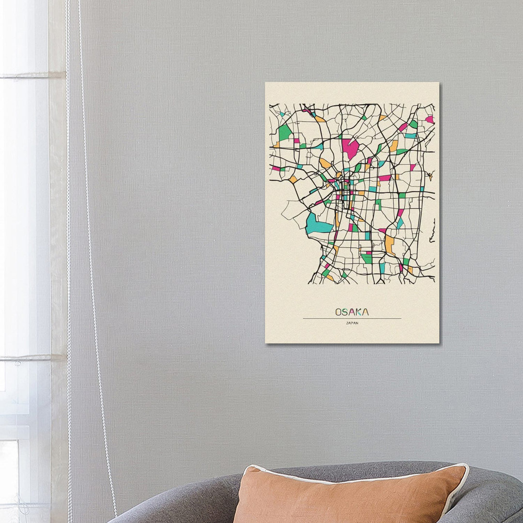 Osaka, Japan Map by Ayse Deniz Akerman - Wrapped Canvas Painting