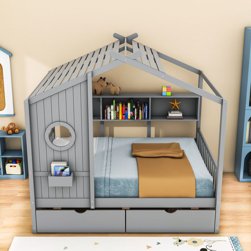 Lit en bois avec tiroirs et tablettes de rangement, Double