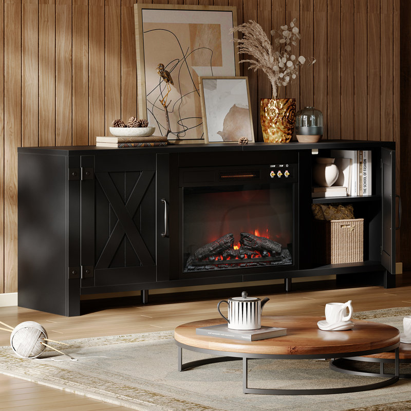 63" Farmhouse TV Stand with 23" Electric Fireplace, 3 Vintage Button Control Design, Over Heat Protection, Matte Black