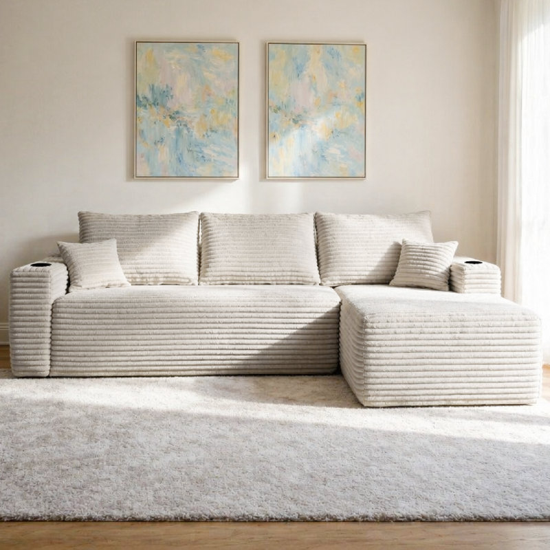 Canapé d'angle infonuagique avec méridienne en L et poches latérales, design modulaire moderne, assise profonde, revêtement en tissu pour salon/chambre, aucun assemblage requis, blanc, côté droit, 274 x 160 x 58 cm, tissu et mousse haute densité, modulable, blanc, aucun assemblage requis