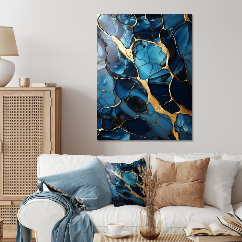 Or et saphir bleu marbré mosaïque V - impression abstraite d'art mural en métal, H 32 po x l 24 po x P 1 po