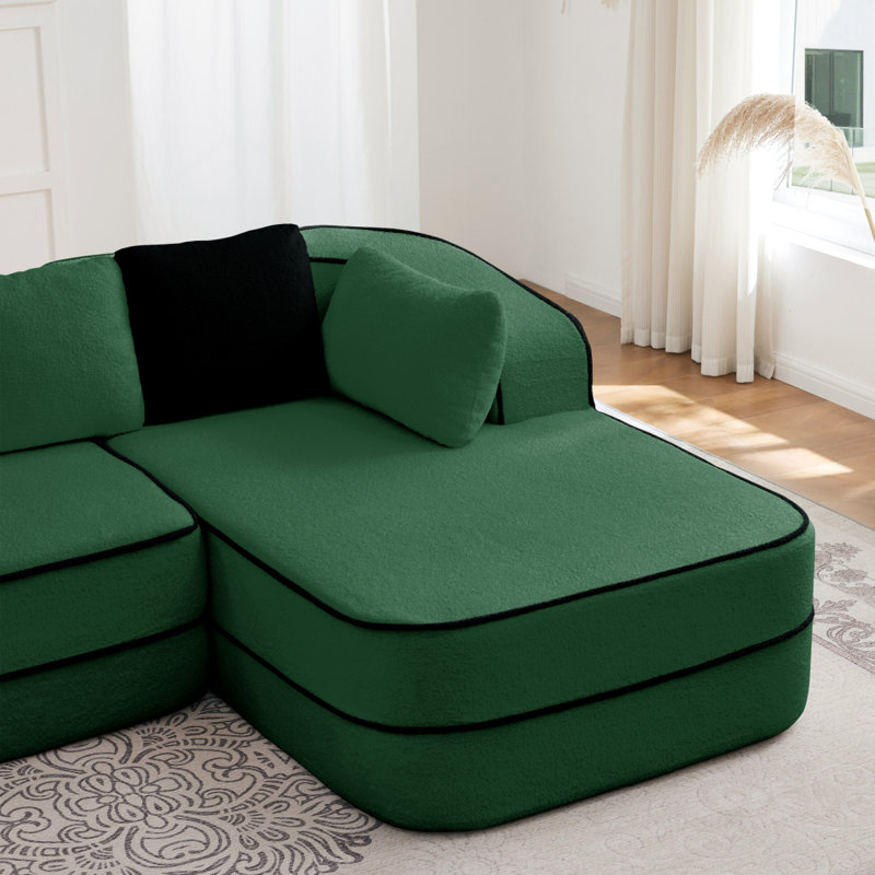 Canapé gauche ELYSEES avec tissu en peluche et coussins vert, Vert