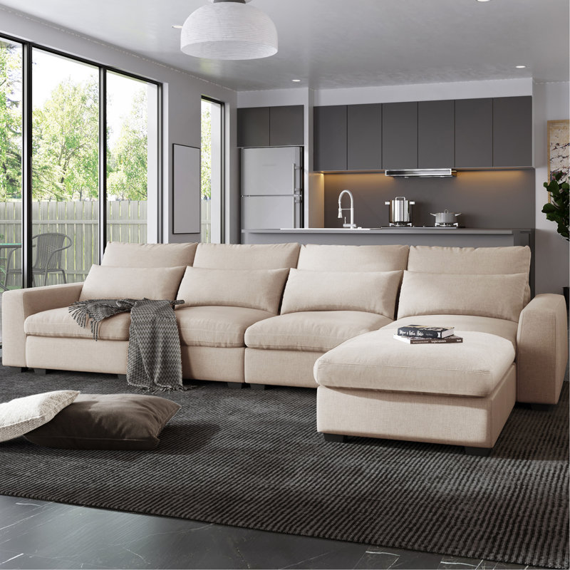 Modern L-Shape Feather Filled Sectional Sofa With Reversible Chaise For Living Room, Beige Chenille